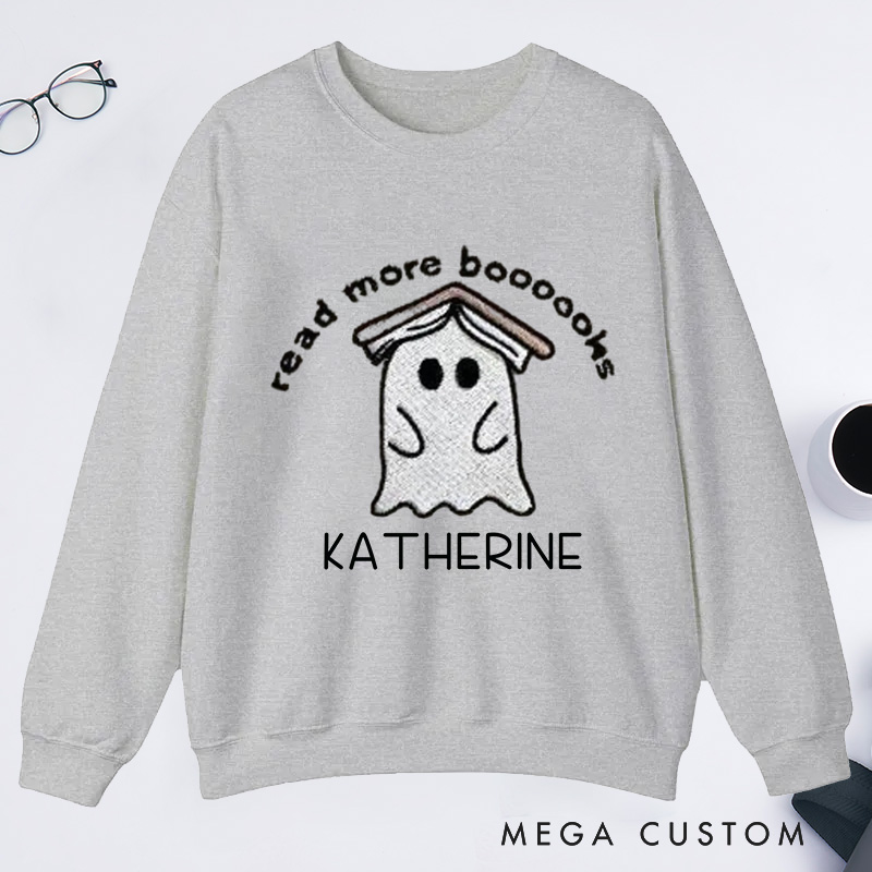 Personalized Ghost Book Classic Sweatshirts Fall Spooky Season Sweatshirt Reading Ghost Sweatshirt Book Lovers Gift Halloween Gift