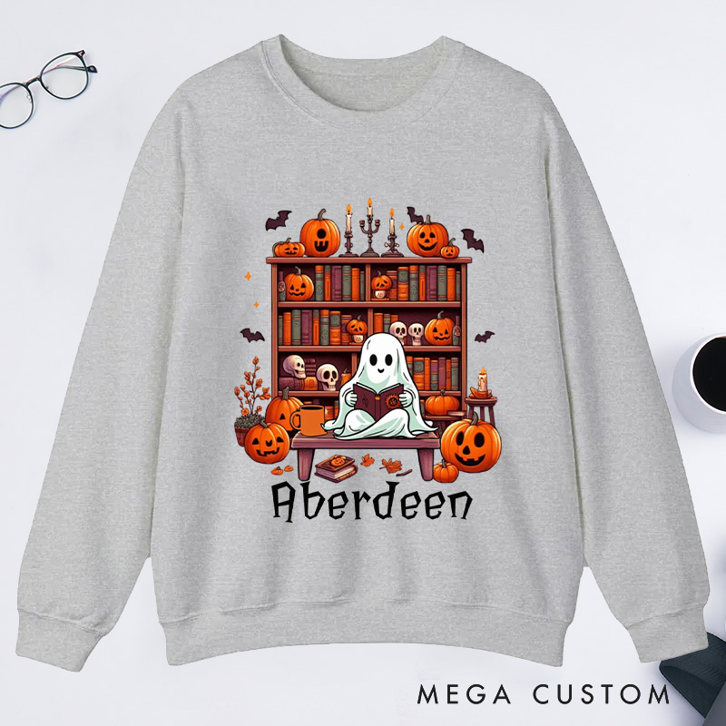 Personalized Ghost Book Reader Classic Sweatshirts Halloween Sweatshirt Bookish Sweatshirt with Name Book Lover Gift Librarian Gift Halloween Gift