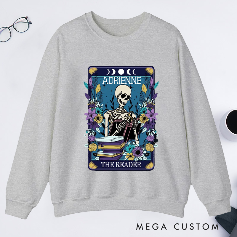Personalized The Reader Classic Sweatshirts Skeleton Tarot Sweatshirt Bookish Sweatshirt with Name for Book Lover Gift Librarian Gift