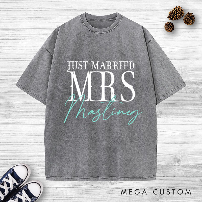 Personalized Modern Just Married Mr and Mrs Matching Wedding Couple Washed T-Shirt
