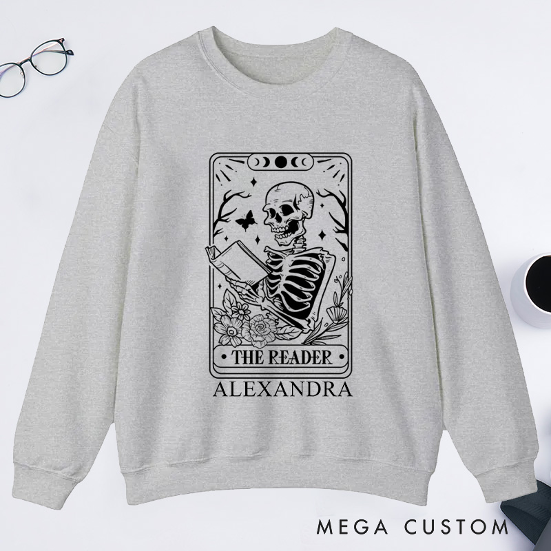Personalized The Reader Tarot Card Classic Sweatshirts Skeleton Sweatshirt Bookish Sweatshirt with Name Book Lover Gift Librarian Gift Reader Gift
