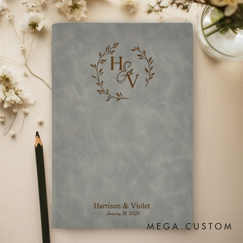 Personalized Laurel Branches with Initials and Date Wedding Couple Leather Journal Notebooks