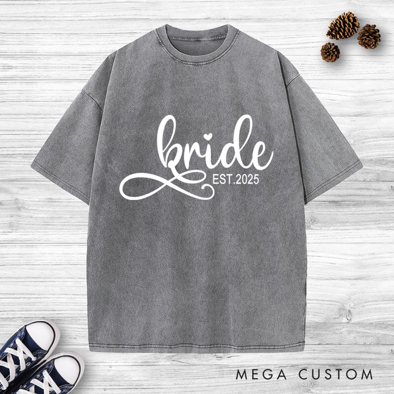 Personalized Elegant Bride and Groom with Year Matching Wedding Couple Washed T-Shirt