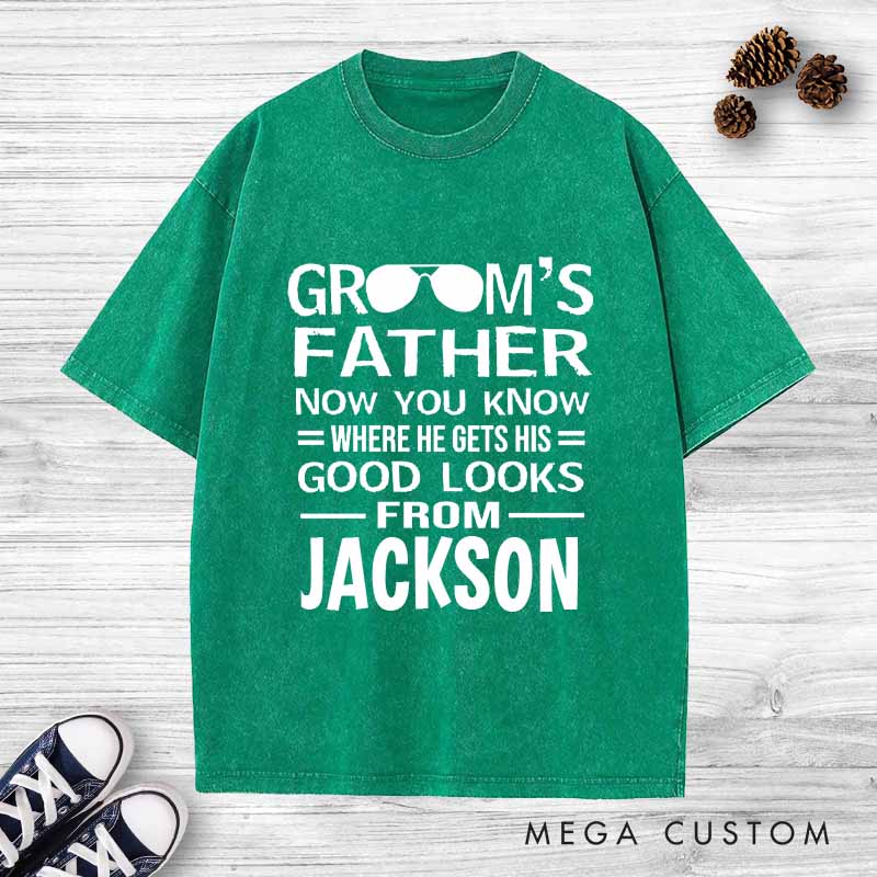 Personalized Father of the Groom Washed T-Shirt Good Looks Humor Shirt Vintage Groom Dad Bachelor Party Shirts Retro FOB Washed Tees
