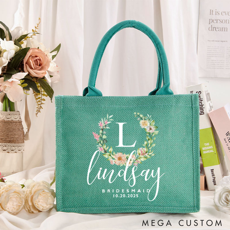 Personalized Bridesmaid Floral Wreath Initials Burlap Tote Bag with Name Maid of Honor Tote Bag