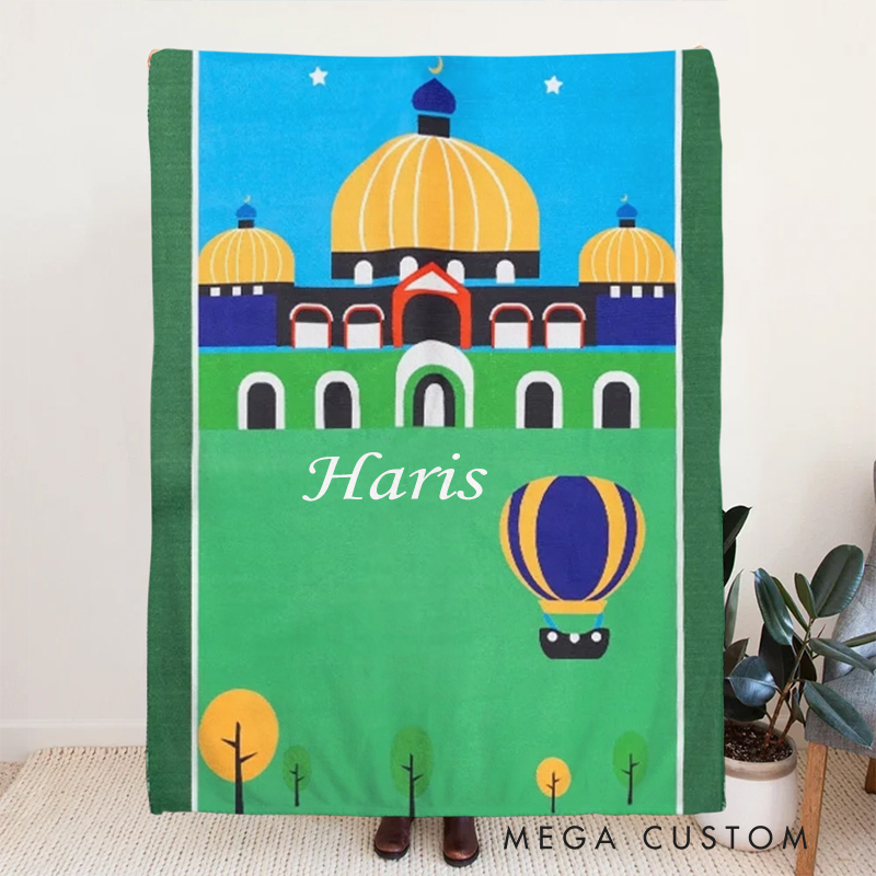 Personalized Mosque Kid Prayer Throw Blanket with Name Home Decor Muslim Sejadah Janamaz Islamic Eid ul-Fitr Gift for Children