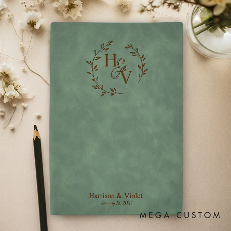 Personalized Laurel Branches with Initials and Date Wedding Couple Leather Journal Notebooks