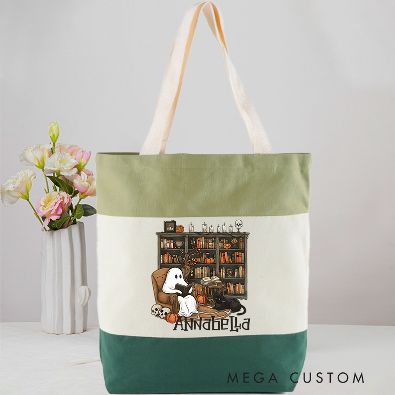 Personalized Retro Ghost Reading Books Tote Bag Book Lover Bag with Name Halloween Tote Bag Halloween Gift Librarian Gift Reader Gift