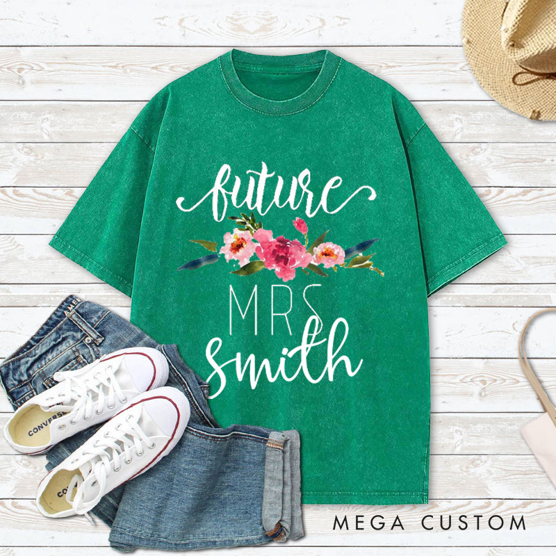 Personalized Watercolor Floral Future Mrs Fiancee Engagement Fiancée Washed T-Shirt