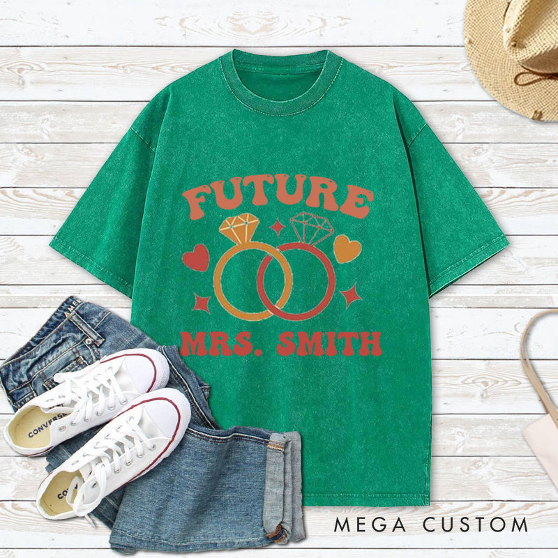Personalized Playful Future Mrs with Intertwined Rings Fiancee Engagement Fiancée Washed T-Shirt