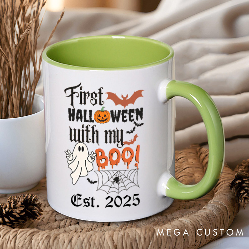 Personalized First Halloween with My Boo Ghost and Pumpkin Two Tone Color Couple Mugs 