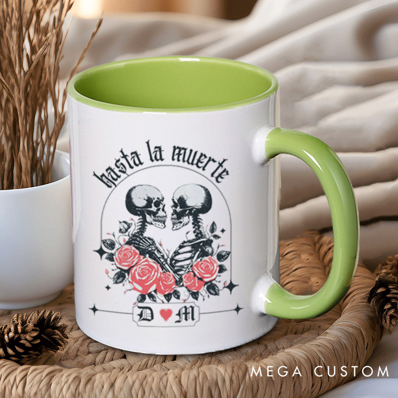 Personalized Hasta La Muerte Skeleton Couple with Roses Couple Mugs 