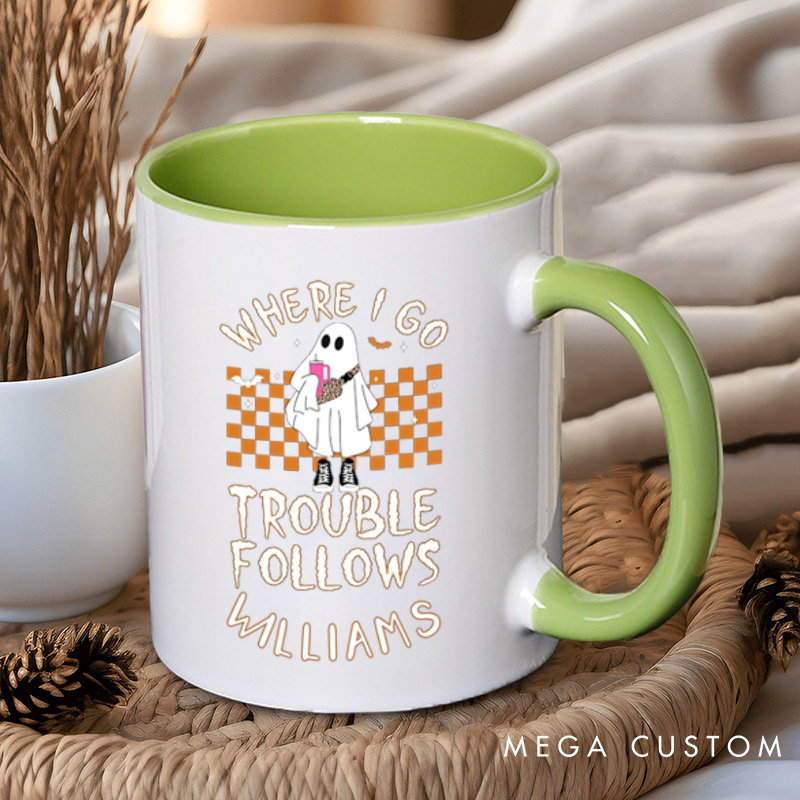 Personalized Where I Go Trouble Follows Ghost with Checkered Background Couple Mugs 