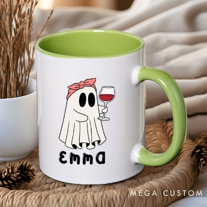 Personalized Cute Couple Ghosts with Wine Glasses Halloween Couple Mugs 