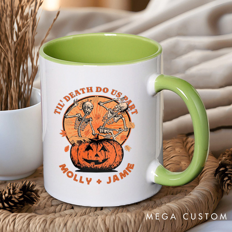 Personalized Til Death Do Us Part Pumpkin Skeleton Couple Halloween Couple Mugs 