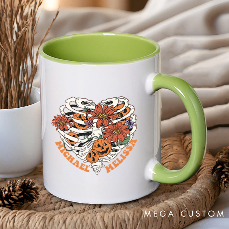 Personalized Floral Skeleton Ribcage with Pumpkins Halloween Couple Mugs