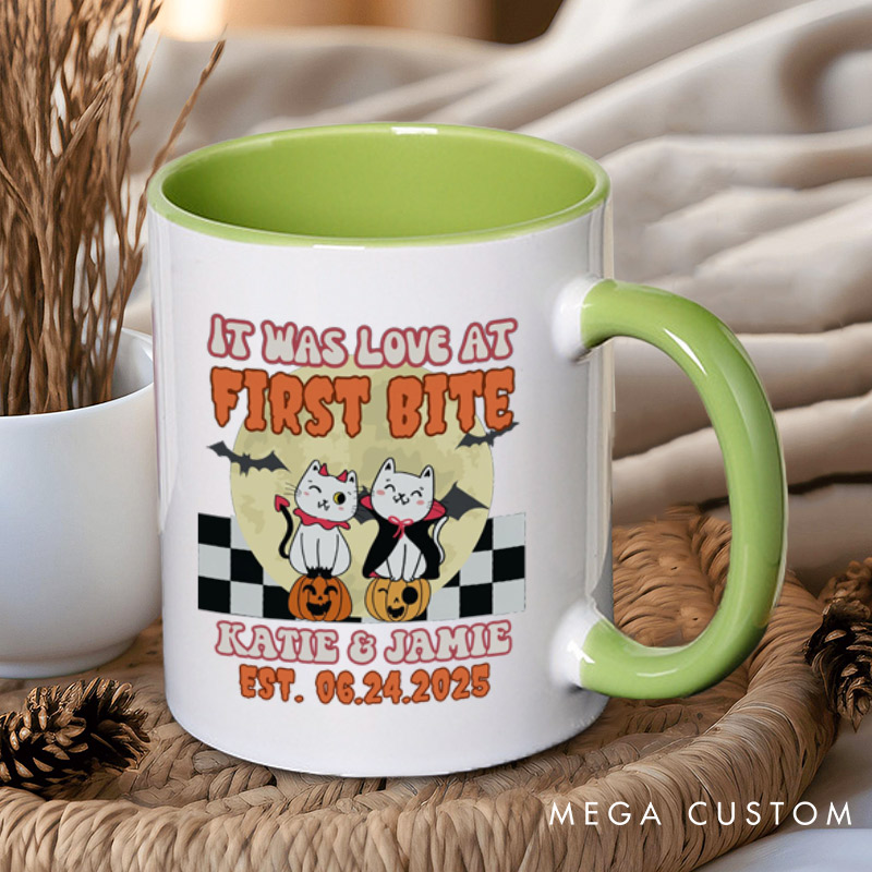 Personalized Love at First Bite and Fangs for the Memories Cat Couple Halloween Couple Mugs