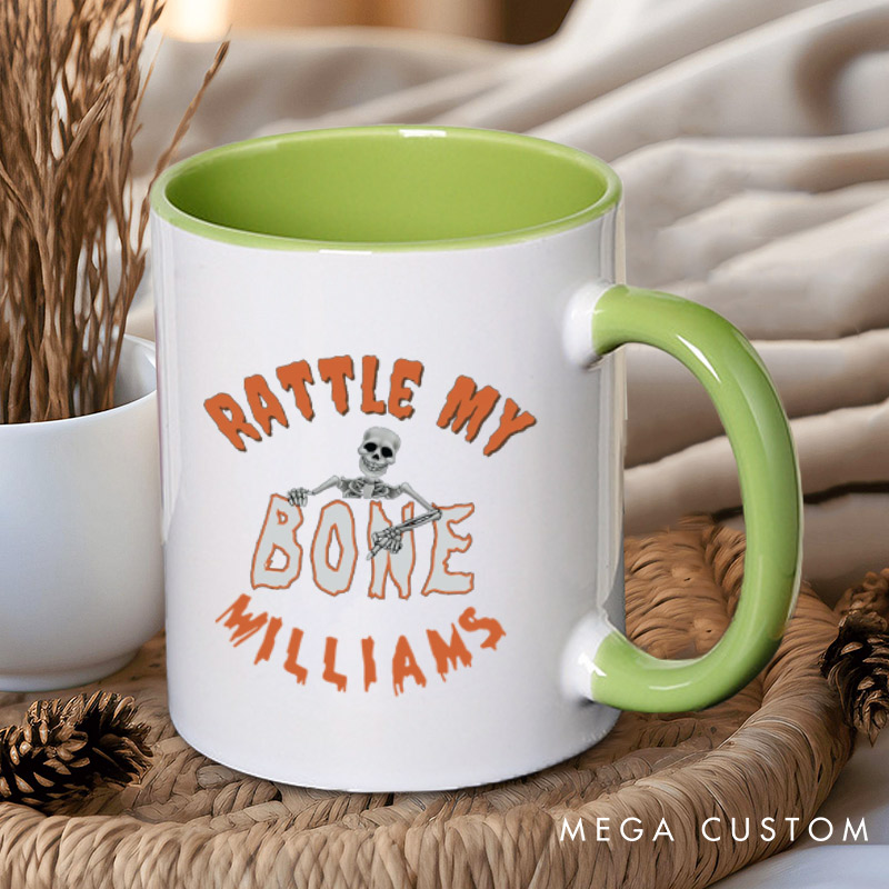 Personalized Rattle My Bone and Let's Get Tangled in My Web Halloween Couple Mugs