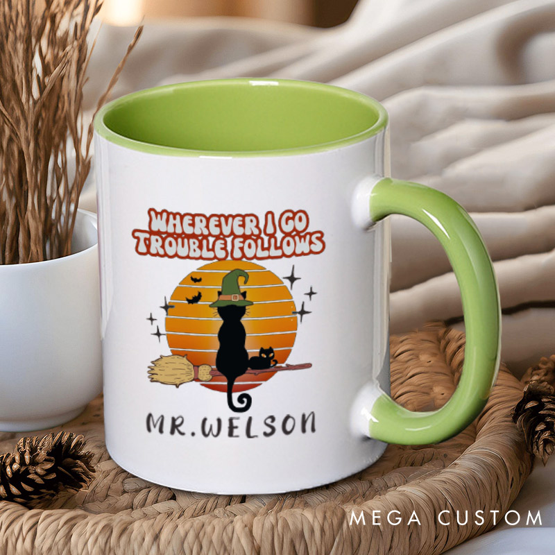 Personalized Trouble Follows Halloween Cat Couple Halloween Couple Mugs