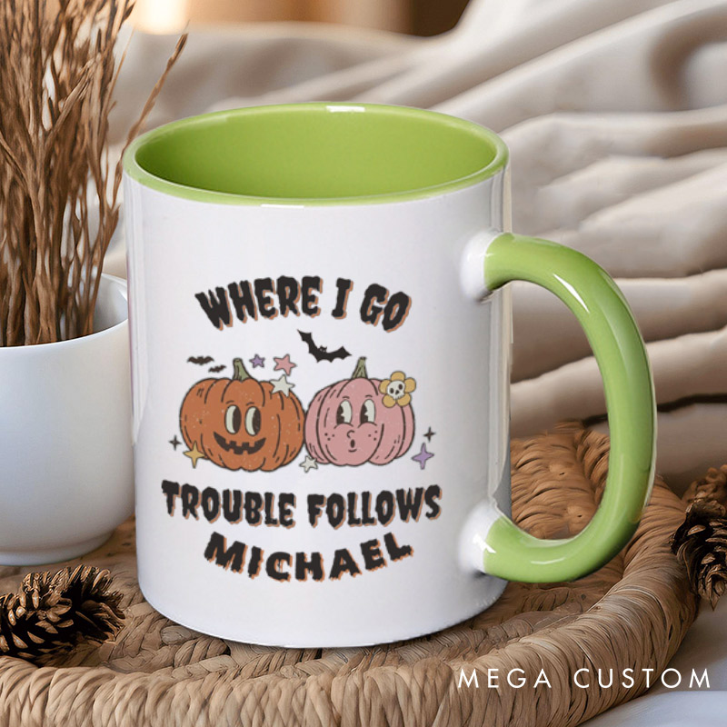 Personalized Where I Go Trouble Follows & I'm Trouble Pumpkin Halloween Couple Mugs