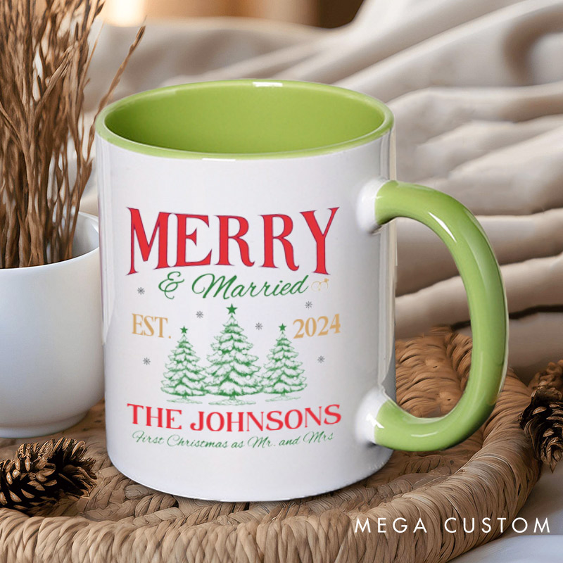 Personalized Joyful Merry and Married the First Christmas as Mr and Mrs Couple Mugs