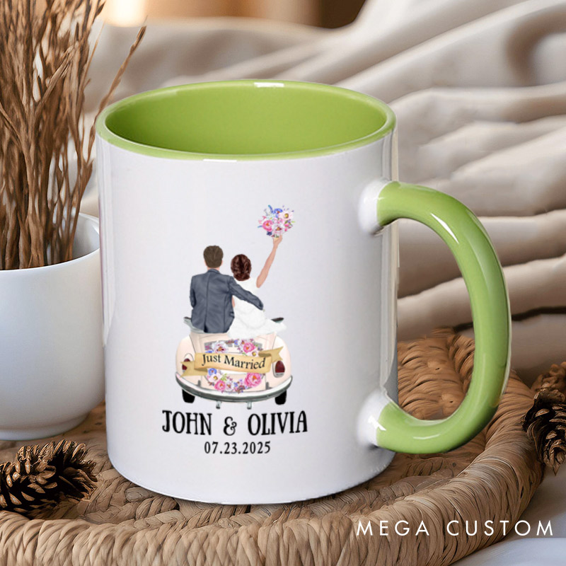 Personalized Romantic Just Married Getaway Car Wedding Couple Mugs