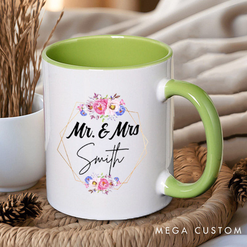 Personalized Geometric Frame with Watercolor Floral Mr and Mrs Wedding Couple Mugs
