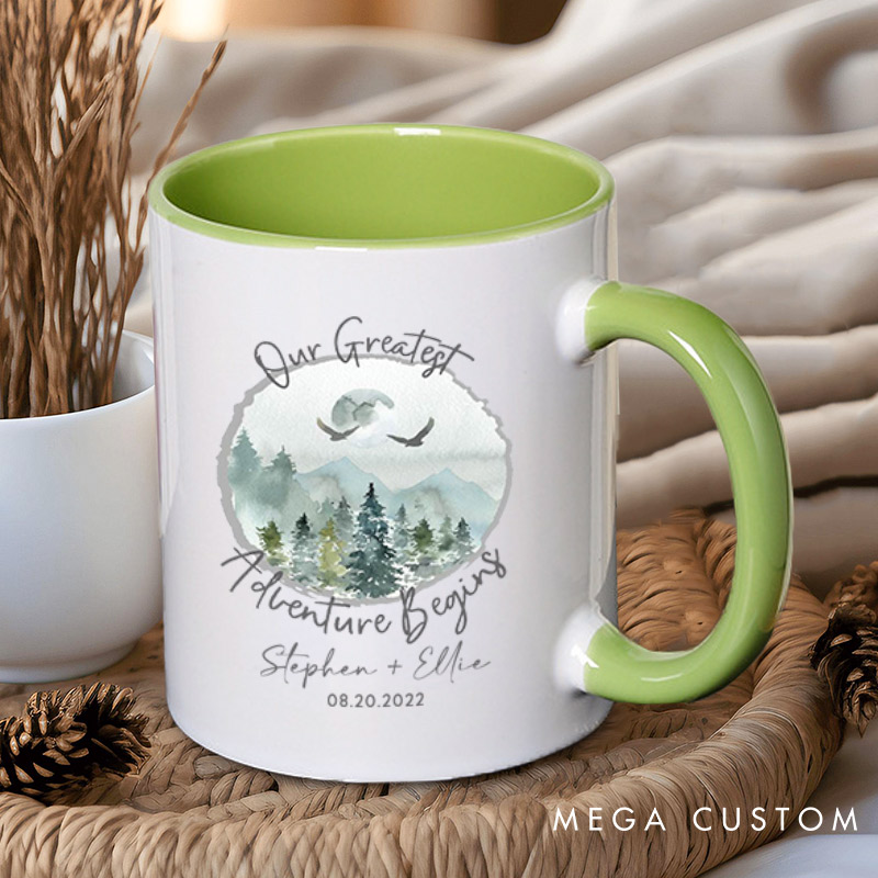 Personalized Romantic Nature Our Greatest Adventure Begins Wedding Couple Mugs