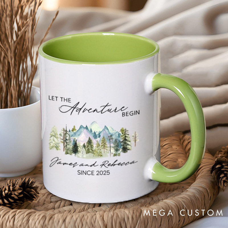 Personalized Mountain Scenic Let the Adventure Begin Newlyweds Wedding Couple Mugs