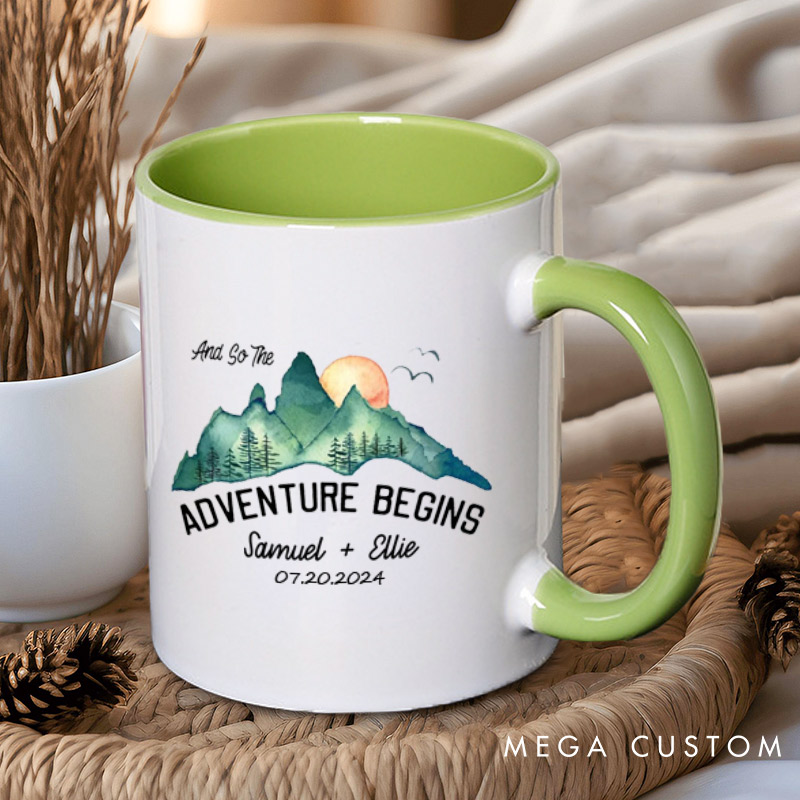 Personalized Scenic And So The Adventure Begins Newlyweds Wedding Couple Mugs