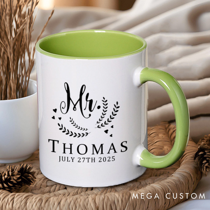Personalized Graceful Mr and Mrs with Oliver Branches Matching Wedding Couple Mugs
