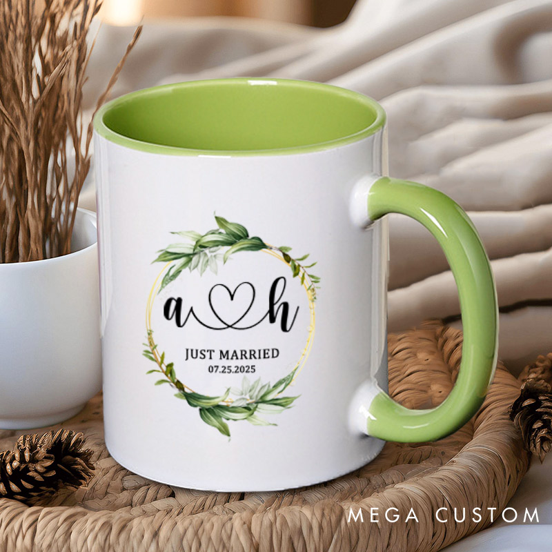 Personalized Romantic Botanical Just Married with Initials Wedding Couple Mugs