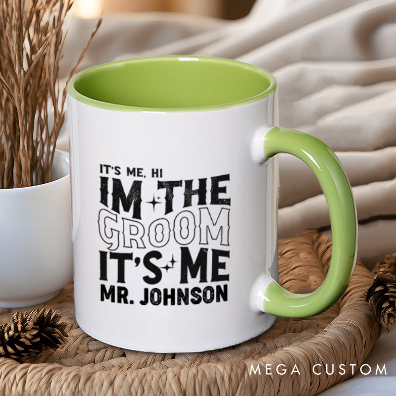 Personalized Modern Vintage It's Me Bride and Groom Matching Wedding Couple Mugs