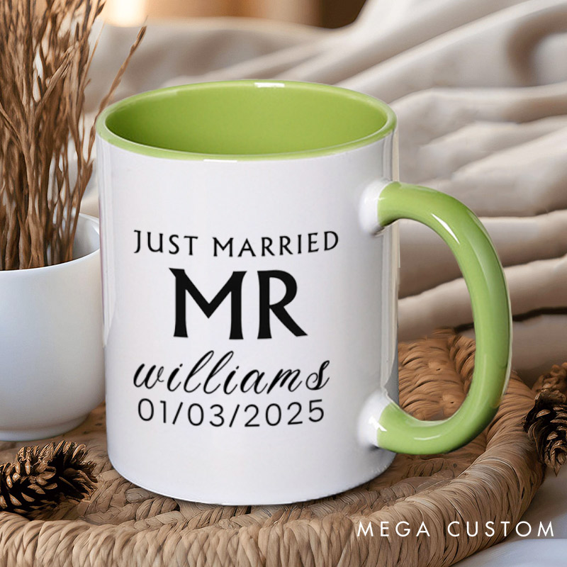 Personalized Minimalist Just Married Mr and Mrs Wedding Couple Mugs