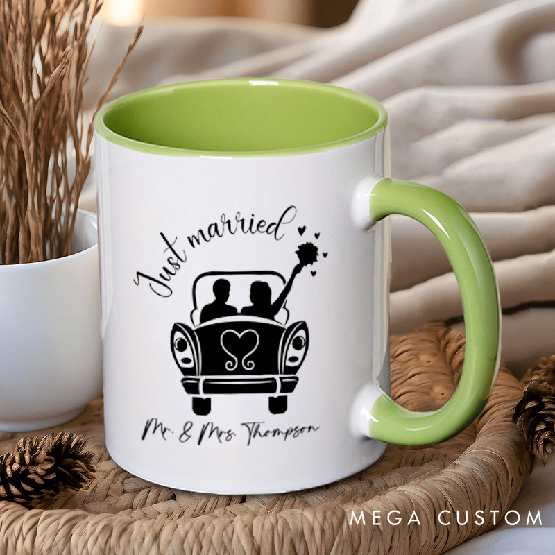Personalized Romantic Just Married with Wedding Car Wedding Couple Mugs