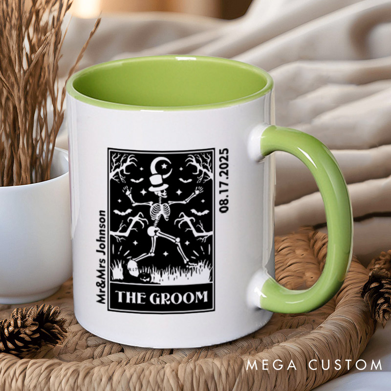 Personalized Whimsical Tarot Card Skeleton Bride and Groom Wedding Couple Mugs