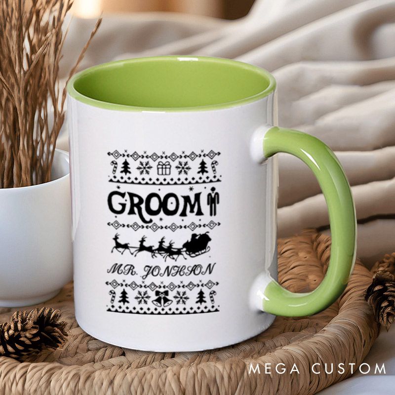Personalized Christmas Bride and Groom with Reindeer and Sleighs Matching Wedding Couple Mugs
