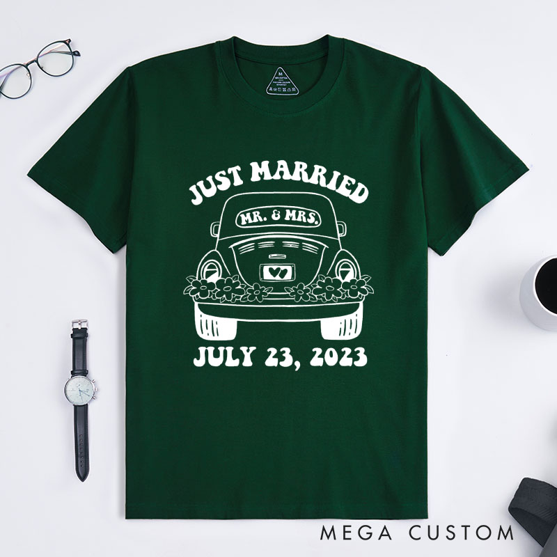 Personalized "Just Married" T-Shirt Couple Wedding Date Anniversary Gift Shirt Wife Husband Tops for Anniversary Gift for Her Him