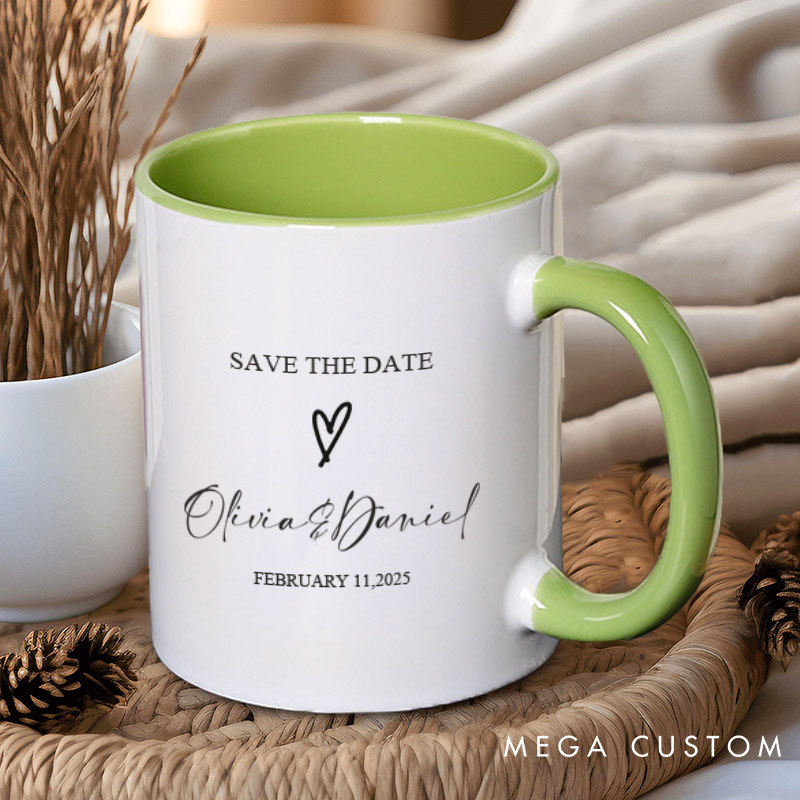 Personalized Save The Date with Your Names and Heart Wedding Couple Mugs