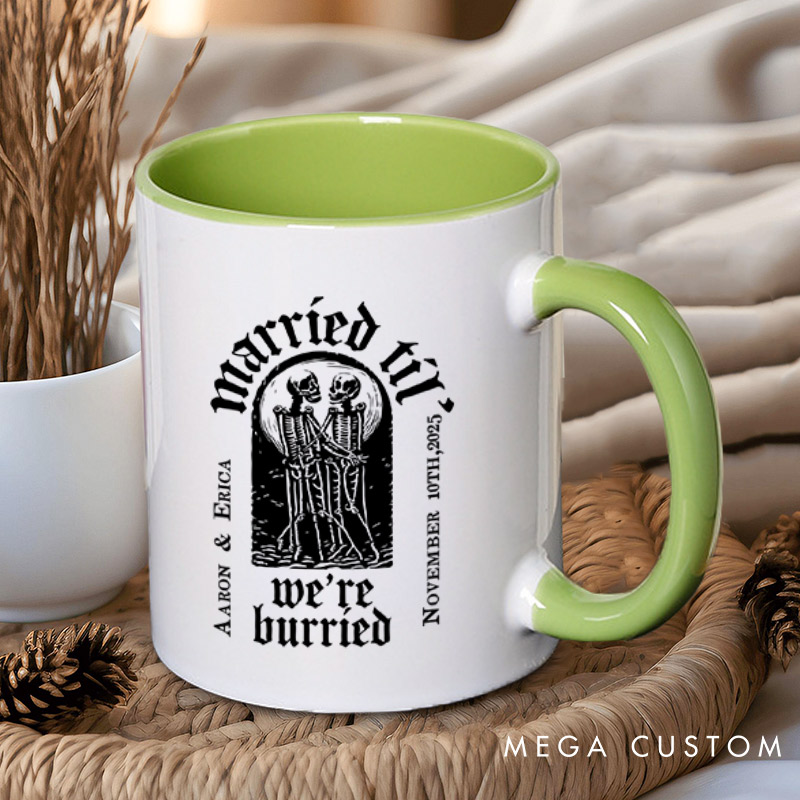 Personalized Married Til We're Burried Matching Skeleton Wedding Couple Mugs