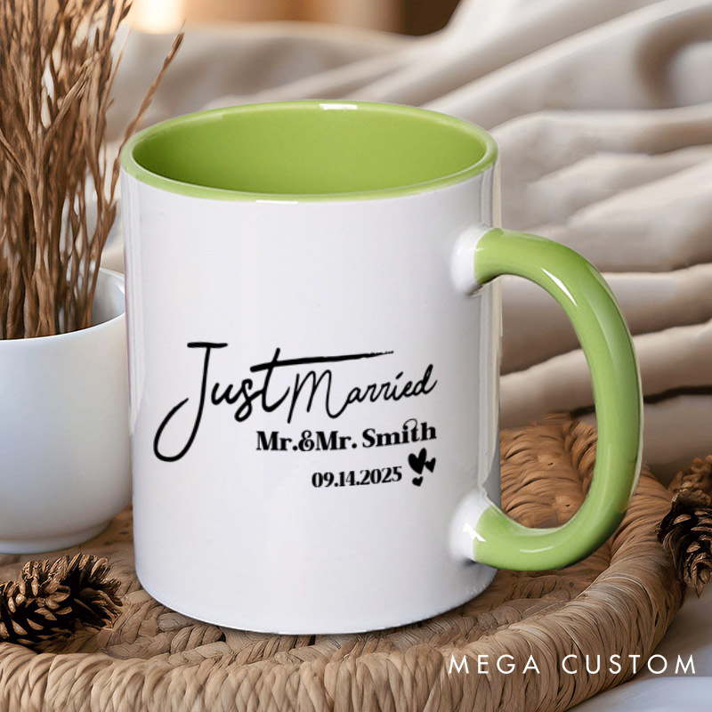Personalized Elegant Just Married Mr and Mrs with Hearts Wedding Couple Mugs
