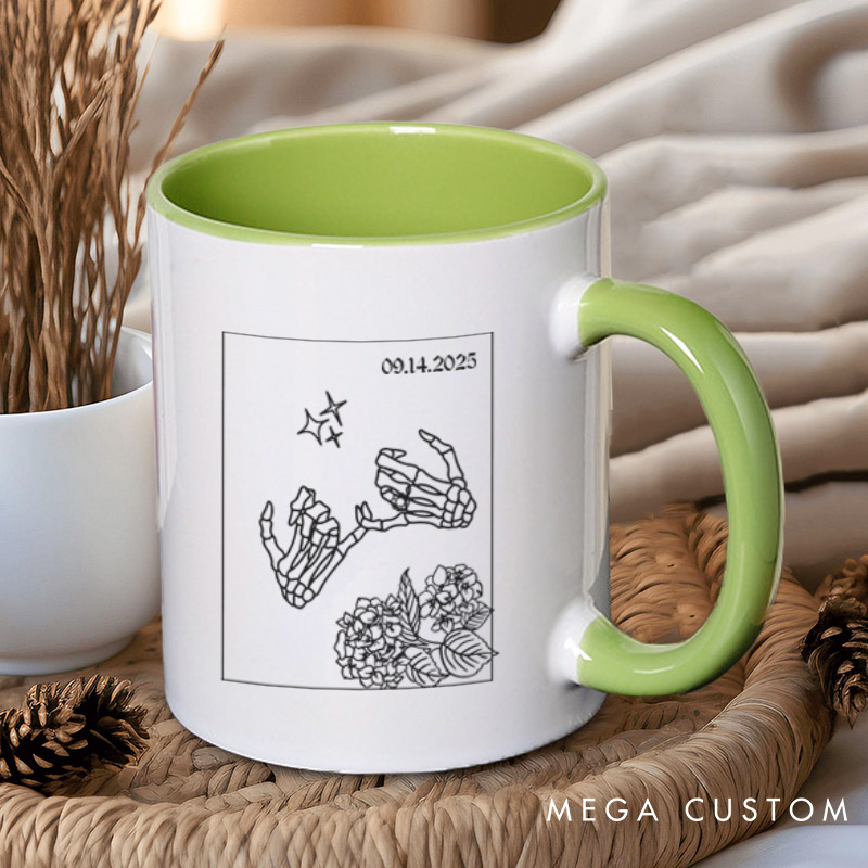 Personalized Unique Skeleton Finger Hooks and Floral Wedding Couple Mugs