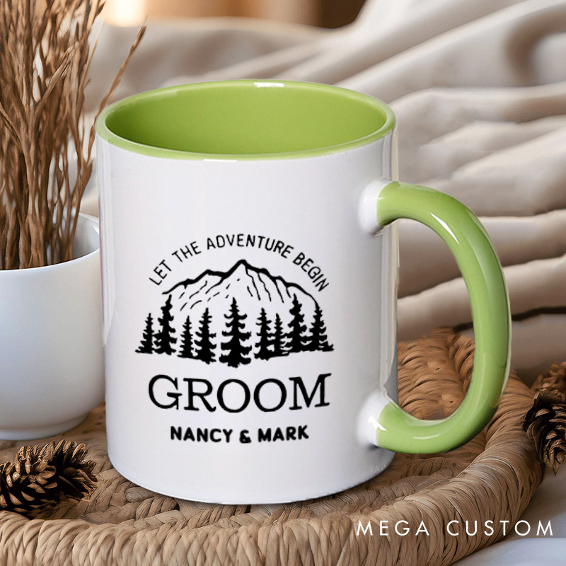 Personalized Mountain Serene Let The Adventure Begin Bride and Groom Wedding Couple Mugs