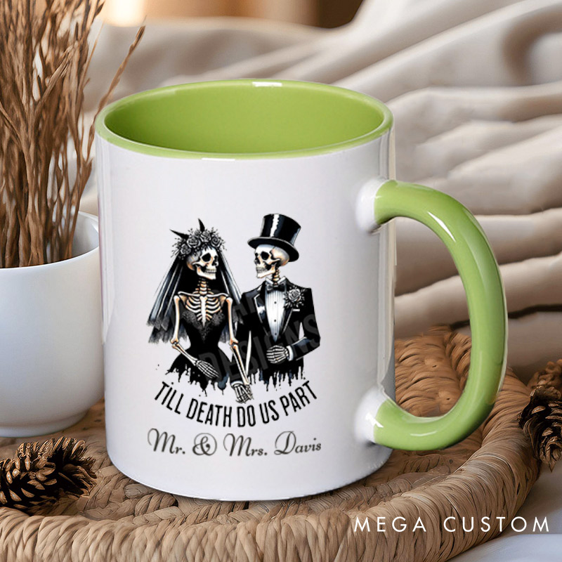 Personalized Til Death Do Us Part Skeleton Bride and Groom Matching Wedding Couple Mugs