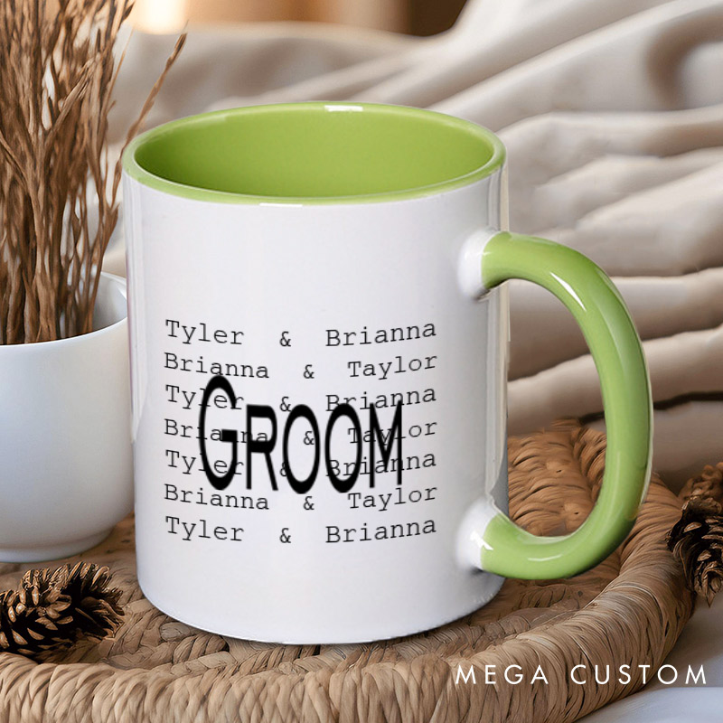 Personalized Modern Repetitive Text Bride and Groom Wedding Couple Mugs