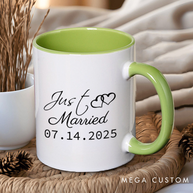 Personalized Elegant Just Married with Hearts Wedding Couple Mugs