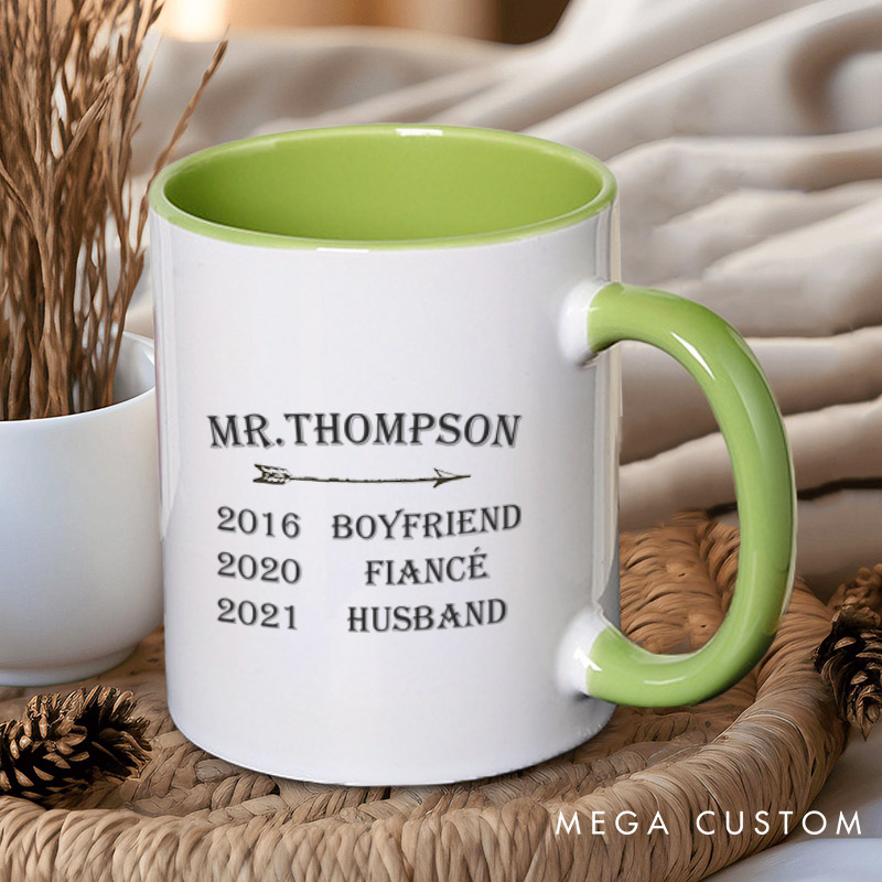 Personalized Mr and Mrs Milestone Journey with Arrow Matching Wedding Couple Mugs