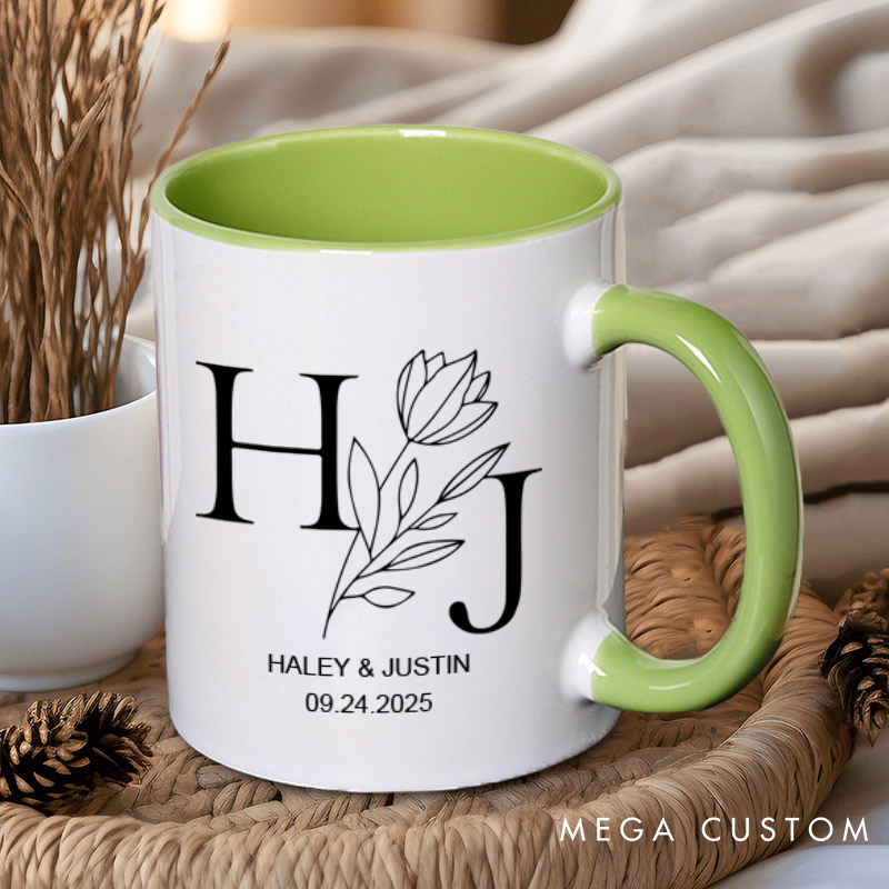 Personalized Elegant Floral with Initials Wedding Couple Mugs