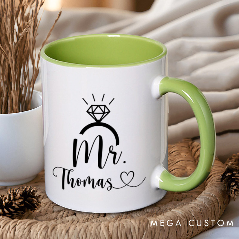 Personalized Elegant Mr and Mrs with Diamond Ring Wedding Couple Mugs