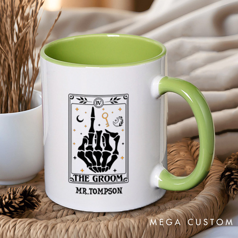 Personalized Tarot Card Skeleton Funny Gesture Bride and Groom Wedding Couple Mugs